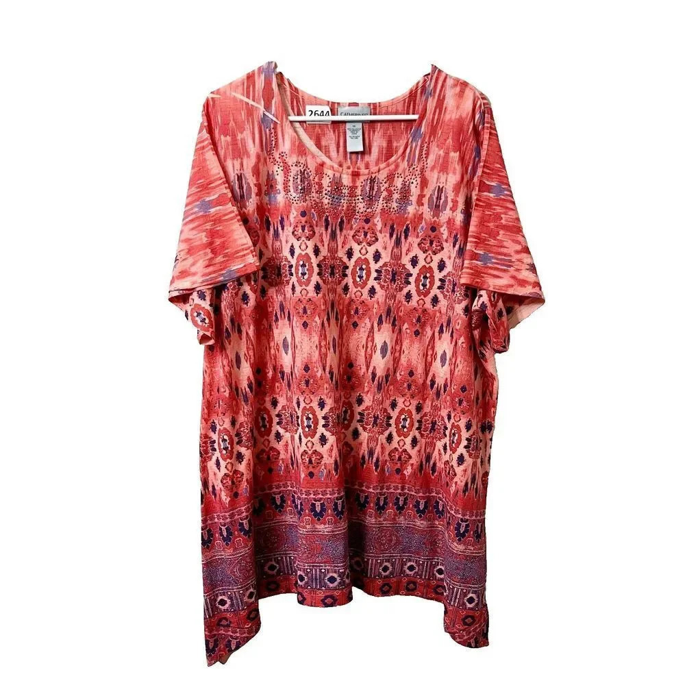 Catherines Womens Multicolor Blouse 1X Paisley Scoop Neck Short Sleeve Studded